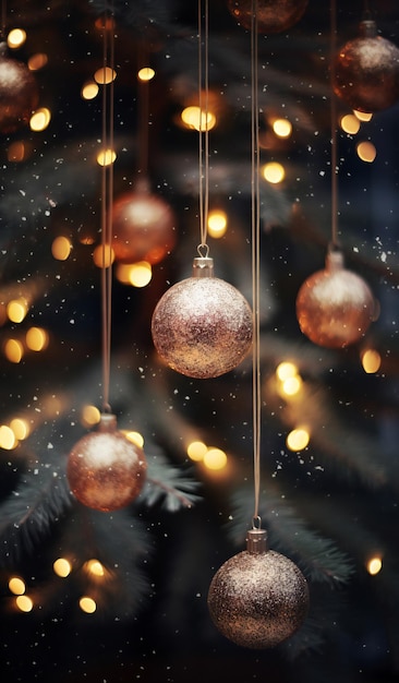 sfondo natalizio con albero di Natale palle d'oro e bokeh