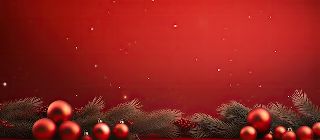 Sfondo natalizio con rami di abete di colore rosso e ornamenti