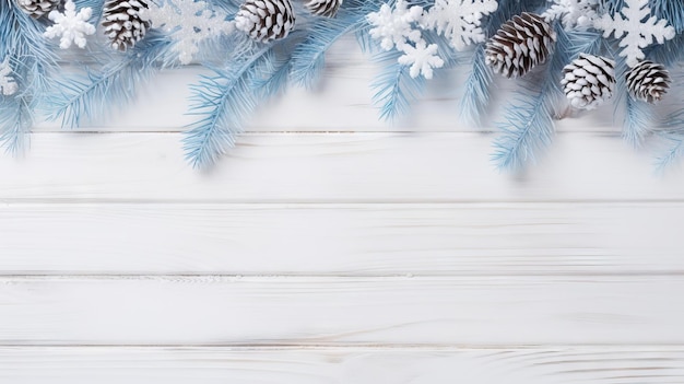 sfondo natalizio con rami di abete e fiocchi di neve su sfondo bianco in legno IA generativa