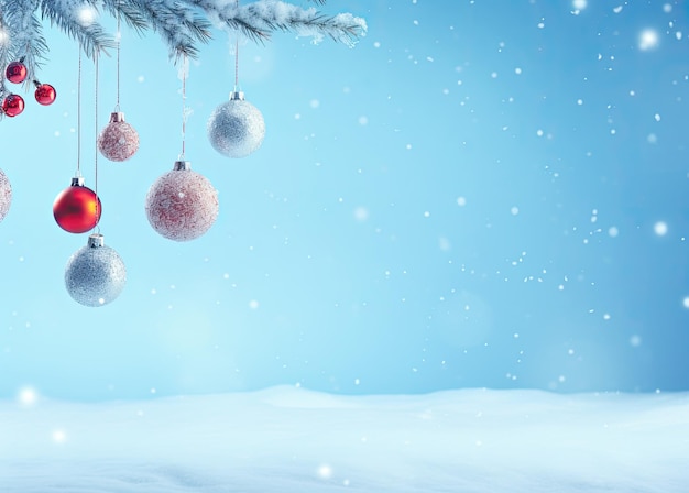 sfondo natalizio con rami di abete palle rosse e neve su sfondo blu