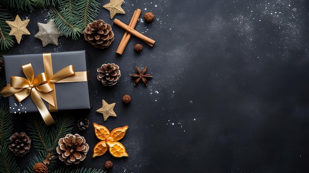sfondo natalizio con rami di abete scatola regalo e spezie su sfondo nero