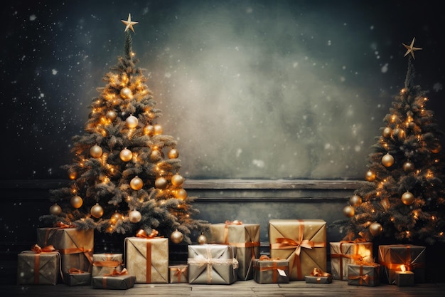 Sfondo natalizio con regali di albero di Natale contro una parete