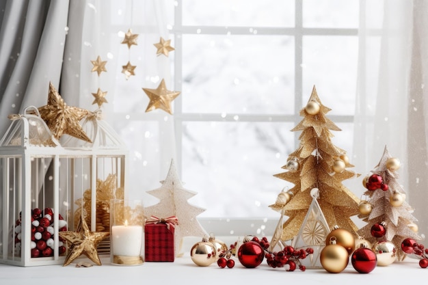 Sfondo natalizio di lusso con decorazioni ornamentali in scatola regalo e tono caldo bianco dorato