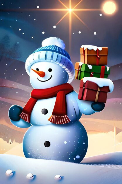 sfondo natalizio di pupazzo di neve che trasporta regali con segno di neve