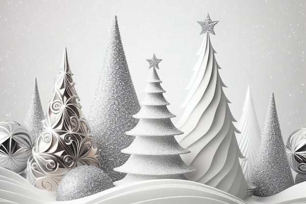 Sfondo natalizio festivo con molti alberi di Natale decorativi Sfondo invernale bianco e argento