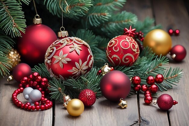 sfondo natalizio giocattoli e perle con rami di albero di Natale