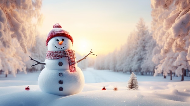 sfondo natalizio paesaggio invernale uomo di neve in mezzo alla neve