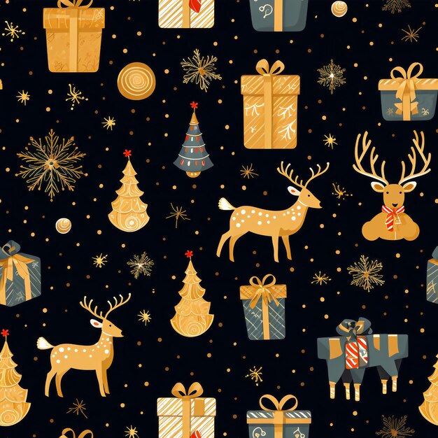 sfondo natalizio senza cuciture con scatole regalo palla d'oro caramelle fiocchi di neve renne generativo ai