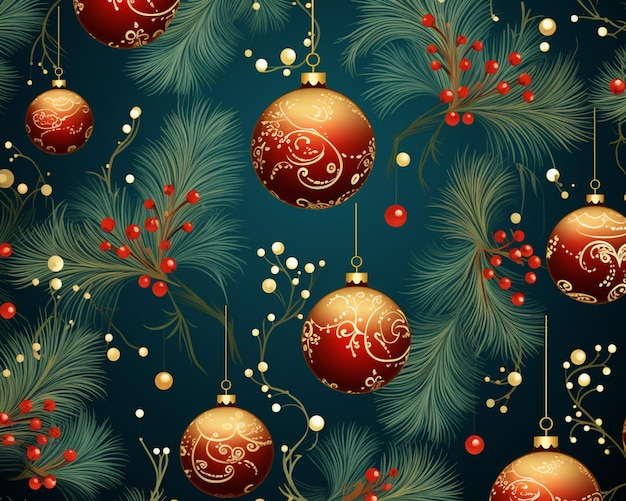 sfondo natalizio senza soluzione di continuità con ornamenti rossi e dorati e aghi di pino ai creativi