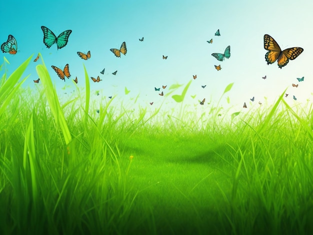 sfondo naturale astratto con farfalle ed erba verde creato con l'intelligenza artificiale generativa