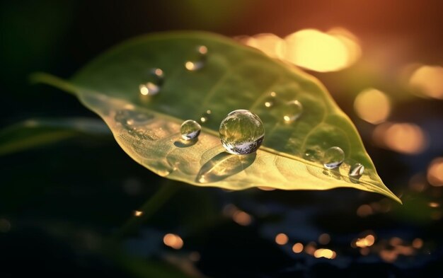 Sfondo naturale primaverile Grande goccia d'acqua con riflessi solari sulle scintille delle foglie