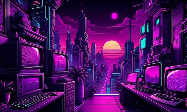 sfondo neon synthwave retro cyber punk city room colori futuristici magenta viola