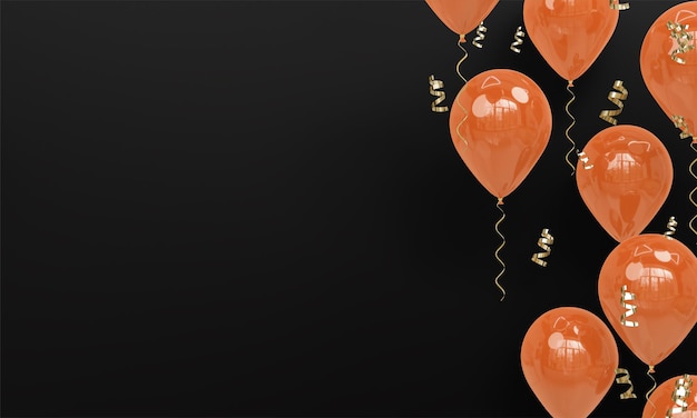 Sfondo nero con rendering 3D di celebrazione di palloncini arancioni realistici