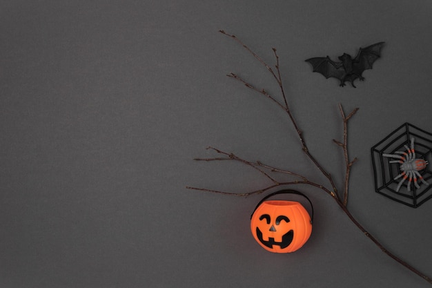 Sfondo nero di Halloween con pipistrelli ragni zucche e ramoscelli Design moderno per le vacanze Bordo di festa di Halloween su colore grigio scuro Vista dall'alto piatta laici Spazio di copia Decorazione autunnale del Ringraziamento 2022