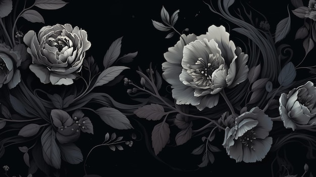 Sfondo nero nello stile di illustrazioni straordinariamente belle con motivi di fiori neri