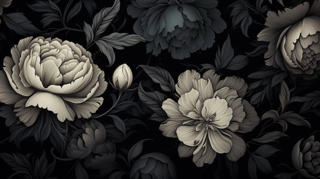 Sfondo nero nello stile di illustrazioni straordinariamente belle con motivi di fiori neri