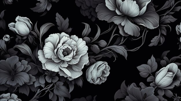 Sfondo nero nello stile di illustrazioni straordinariamente belle con motivi di fiori neri