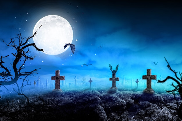 Sfondo notte cimitero con pipistrello 3D