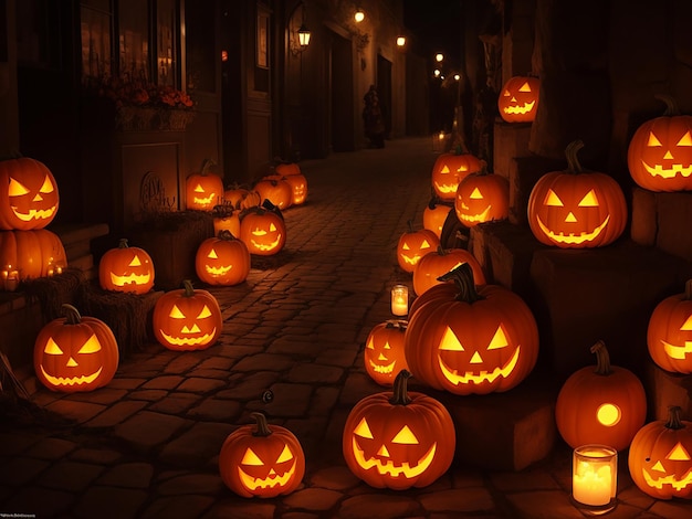 Sfondo notte di Halloween con zucche generate dall'intelligenza artificiale