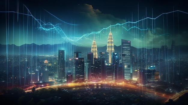 Sfondo notturno creativo della città di Kuala Lumpur con luce