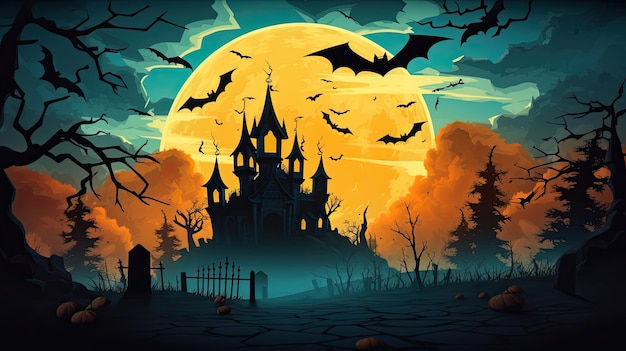 Sfondo notturno di Halloween con castello spaventoso e pipistrelli