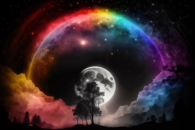 Sfondo notturno magico con la luna piena come bellissimo arcobaleno nell'astronomia da favola della notte stellata