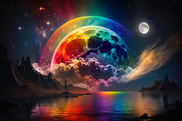 Sfondo notturno magico con la luna piena come bellissimo arcobaleno nell'astronomia da favola della notte stellata