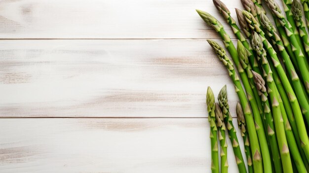 Sfondo orizzontale fotorealistico di verdure fresche di asparagi biologici. Dieta vegetariana sana. Sfondo generato da Ai con Copyspace. Verdura succosa degli asparagi.