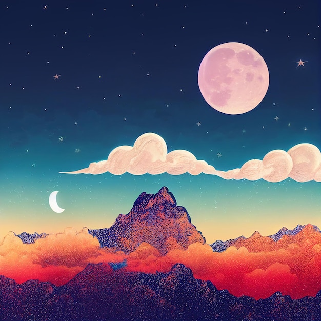 Sfondo pastello con paesaggio cielo montagne e luna