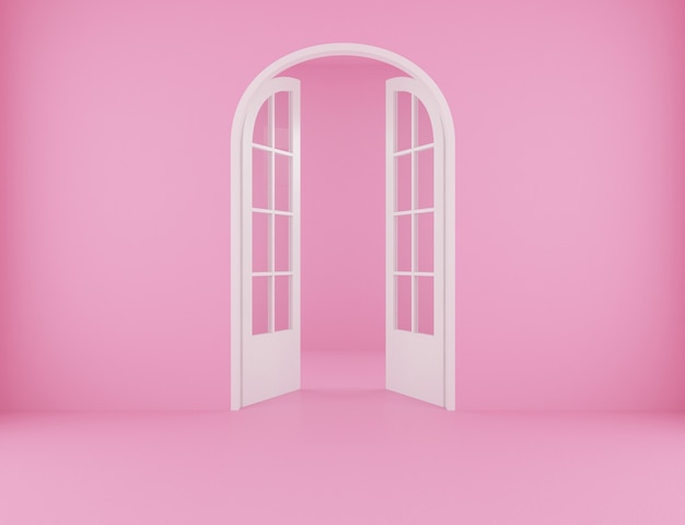 Sfondo per camera rosa con porta aperta. Rendering 3D