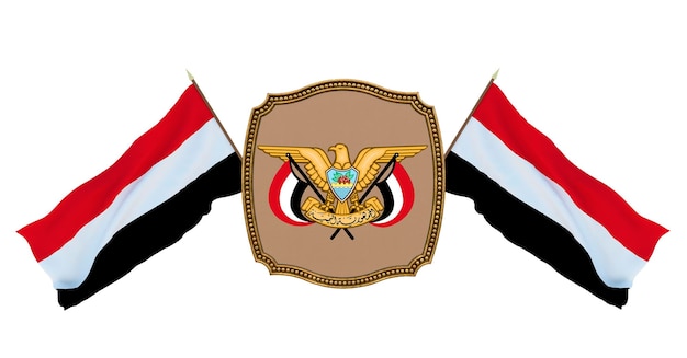 Sfondo per editori e designer Illustrazione 3D della festa nazionale Bandiera e stemma dello Yemen