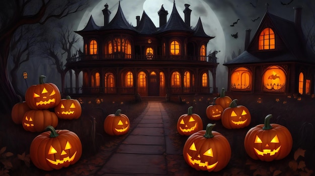 Sfondo per Halloween con zucche spettrali e candele in un cimitero di notte con un castello