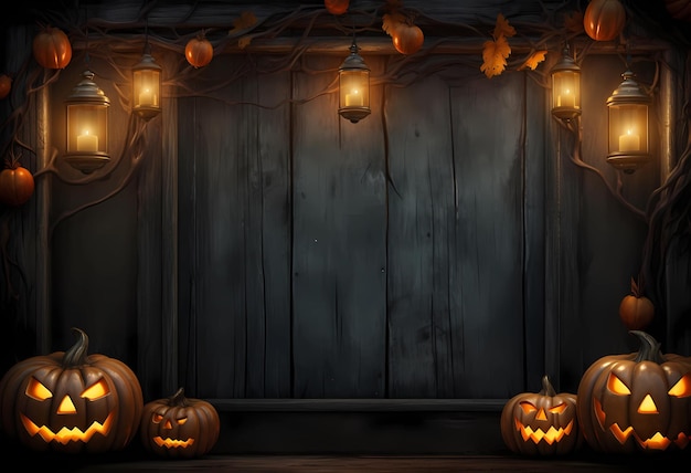 sfondo per Halloween cornice di zucche e lampade luminose su uno sfondo di legno AI Generato