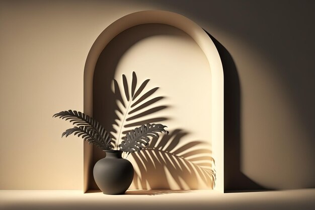 Sfondo per il posizionamento minimo del prodotto caratterizzato da un'ombra di palma su una parete in gesso