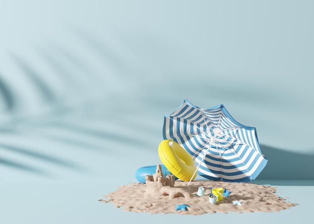 Sfondo per le vacanze estive Accessori per la spiaggia e la sabbia di colore blu Sfondo per la pubblicità Spazio di copia gratuito per il testo Concetto di relax per il viaggio di vacanza Rendering 3D