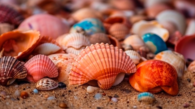 Sfondo per le vacanze estive Conchiglie colorate sulla spiaggia di sabbia primo piano IA generativa