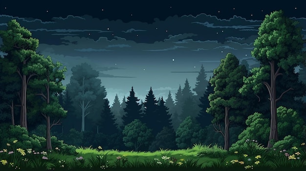 sfondo pixelato orizzontale senza soluzione di continuità nella foresta notturna primaverile o estiva per giochi a 8 bit