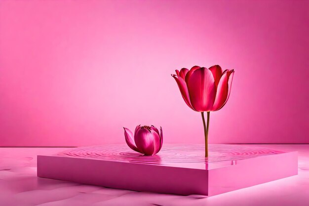 Sfondo podio in plastica rosa cubica naturale con tulipano essiccato vicino all'oceano ondulato