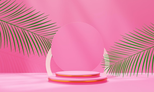 Sfondo podio rosa con foglie di palma ed elementi di luce solare 3D rendering illustrazione