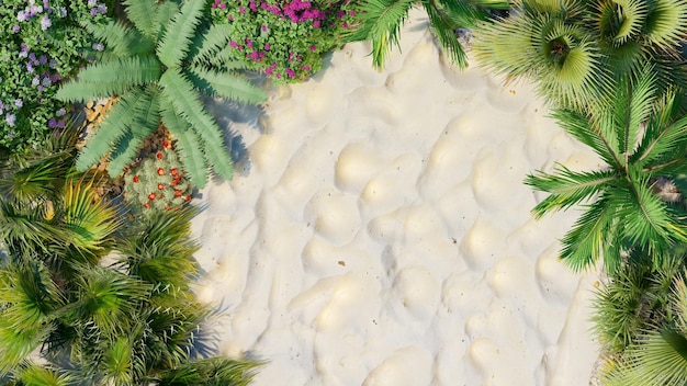 sfondo poster estivo con alberi tropicali e sfondo di sabbia bianca Rendering 3D