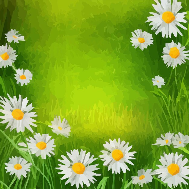 Sfondo primaverile con fiori di camomilla erba verde cielo blu Può essere utilizzato per l'anniversario della festa di compleanno di Pasqua