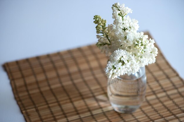 Sfondo primaverile con fiori lilla bianchi in un vaso di vetro sul tavolo