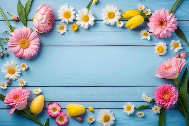 Sfondo primaverile fiori cornice su tavolo di legno blu Banner mockup per Womans o Mother's Day Pasqua vacanze primaverili