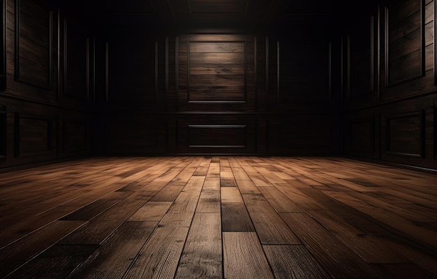 Sfondo prospettico di un pavimento in assi di legno con parete di fondo in legno IA generativa