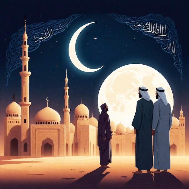 sfondo ramadan città mediorientale di notte con edifici e una moschea sotto un cielo stellato con