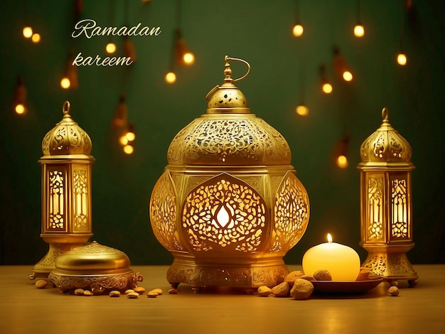 Sfondo ramadan realistico con moschea, luna, stelle, lanterna e bokeh. AI generativa