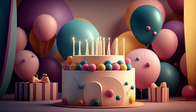 Sfondo realistico di buon compleanno con palloncini colorati e bellissime torte