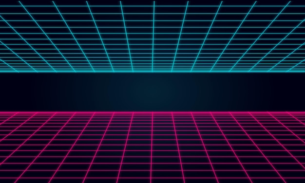 Sfondo retrò paesaggio futuristico stile anni '80, fantascienza anni '80 o stile di gioco, sfondo al neon retrò