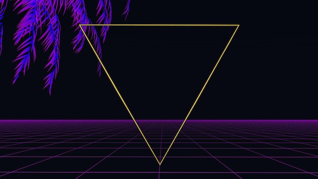 Sfondo retrò synthwave Griglia al neon 3d e palma tropicale su uno sfondo di notte oscura Stilistica dei giochi per computer degli anni '80 e musica elettronica Illustrazione 3d di alta qualità