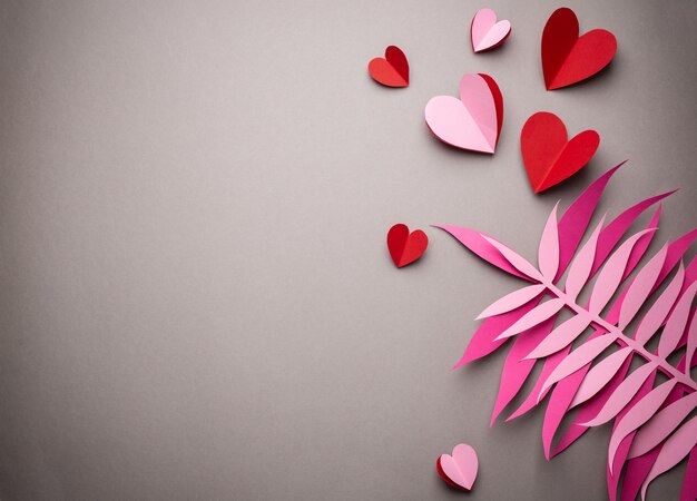 Sfondo romantico di San Valentino piatto, decorazione artistica di carta. Cuori di carta e foglie esotiche tropicali su sfondo grigio neutro. Origami del mestiere di concetto di celebrazione di San Valentino, spazio per testo